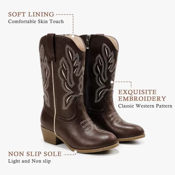 Cowgirl Boots for Little Girls Mid Calf Pointed Toe Kid Cowboy Boots Side Zipper Classic Embroidered Western Boots Horse Riding Shoes Party for Toddler Little Big KidsBrown