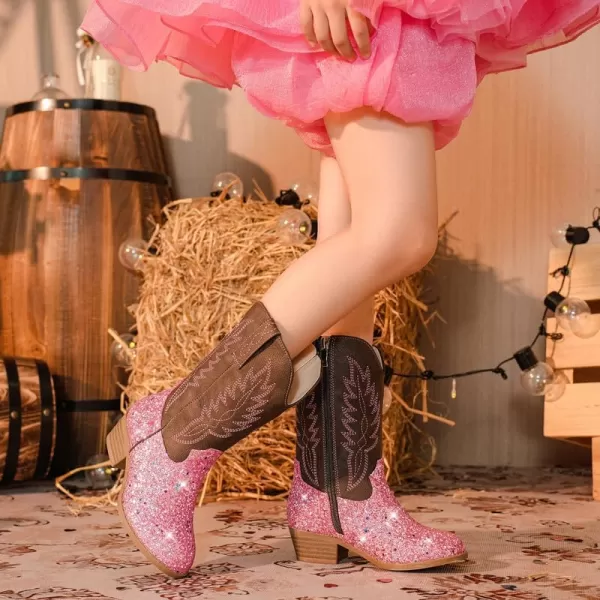 Cowgirl Boots for Little Girls Mid Calf Pointed Toe Kid Cowboy Boots Side Zipper Classic Embroidered Western Boots Horse Riding Shoes Party for Toddler Little Big KidsPink Sequins