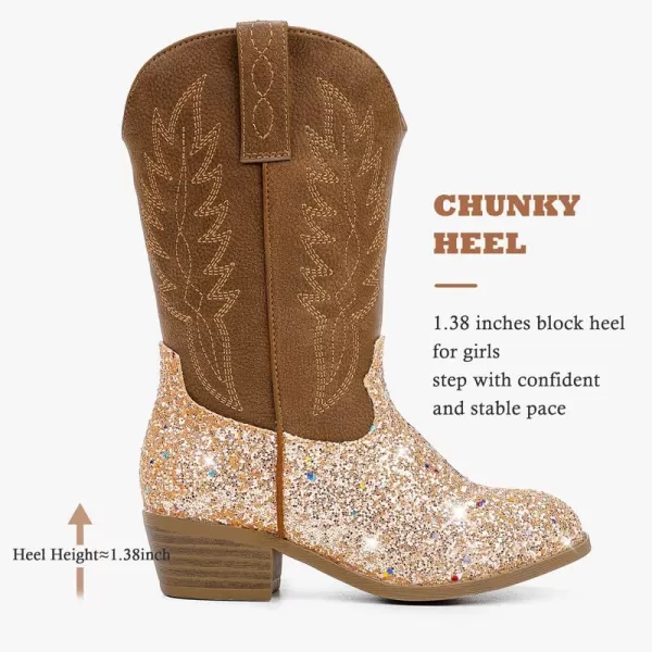 Cowgirl Boots for Little Girls Mid Calf Pointed Toe Kid Cowboy Boots Side Zipper Classic Embroidered Western Boots Horse Riding Shoes Party for Toddler Little Big KidsGold Sequins