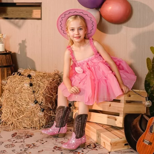 Cowgirl Boots for Little Girls Mid Calf Pointed Toe Kid Cowboy Boots Side Zipper Classic Embroidered Western Boots Horse Riding Shoes Party for Toddler Little Big KidsPink Sequins