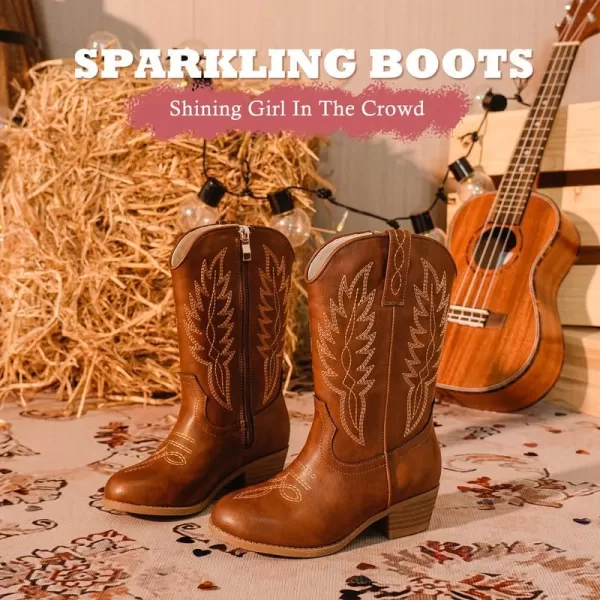 Cowgirl Boots for Little Girls Mid Calf Pointed Toe Kid Cowboy Boots Side Zipper Classic Embroidered Western Boots Horse Riding Shoes Party for Toddler Little Big KidsBrown Pu