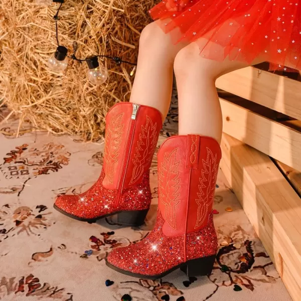 Cowgirl Boots for Little Girls Mid Calf Pointed Toe Kid Cowboy Boots Side Zipper Classic Embroidered Western Boots Horse Riding Shoes Party for Toddler Little Big KidsRed Sequins