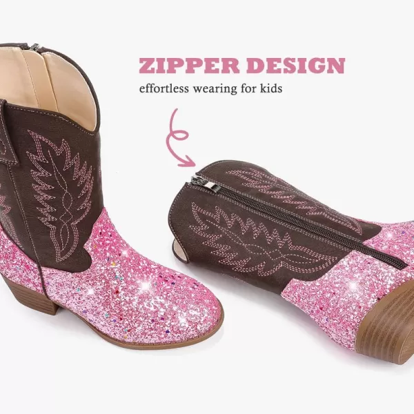 Cowgirl Boots for Little Girls Mid Calf Pointed Toe Kid Cowboy Boots Side Zipper Classic Embroidered Western Boots Horse Riding Shoes Party for Toddler Little Big KidsPink Sequins