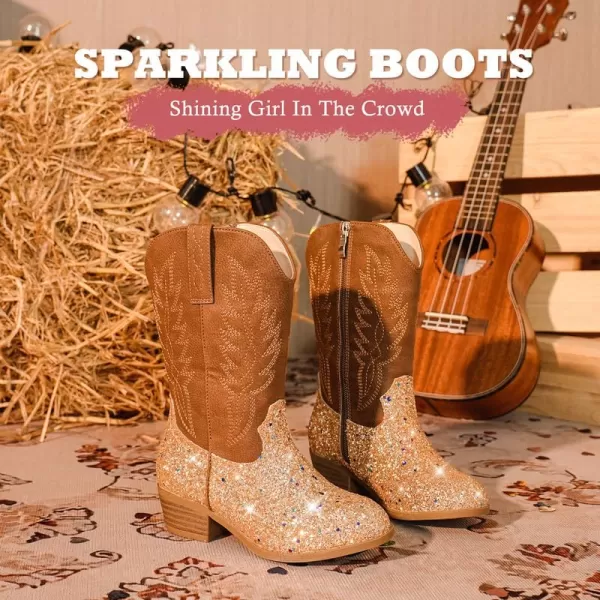 Cowgirl Boots for Little Girls Mid Calf Pointed Toe Kid Cowboy Boots Side Zipper Classic Embroidered Western Boots Horse Riding Shoes Party for Toddler Little Big KidsGold Sequins