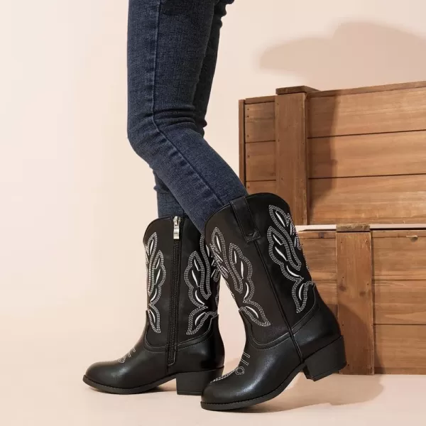 Cowgirl Boots for Little Girls Mid Calf Pointed Toe Kid Cowboy Boots Side Zipper Classic Embroidered Western Boots Horse Riding Shoes Party for Toddler Little Big KidsBlack