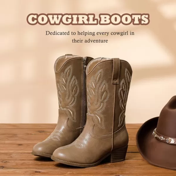 Cowgirl Boots for Little Girls Mid Calf Pointed Toe Kid Cowboy Boots Side Zipper Classic Embroidered Western Boots Horse Riding Shoes Party for Toddler Little Big KidsKhaki