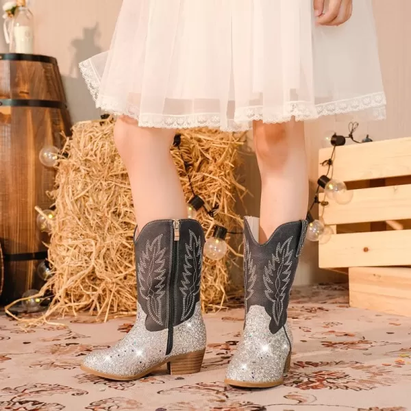 Cowgirl Boots for Little Girls Mid Calf Pointed Toe Kid Cowboy Boots Side Zipper Classic Embroidered Western Boots Horse Riding Shoes Party for Toddler Little Big KidsSilver Sequins