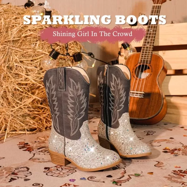 Cowgirl Boots for Little Girls Mid Calf Pointed Toe Kid Cowboy Boots Side Zipper Classic Embroidered Western Boots Horse Riding Shoes Party for Toddler Little Big KidsSilver Sequins