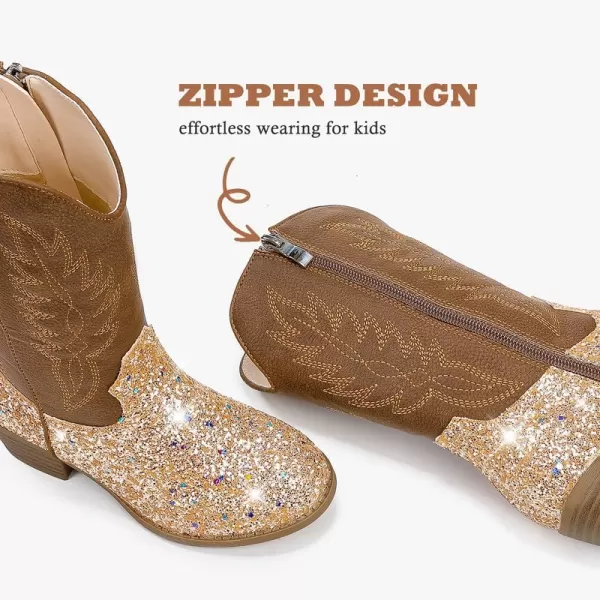 Cowgirl Boots for Little Girls Mid Calf Pointed Toe Kid Cowboy Boots Side Zipper Classic Embroidered Western Boots Horse Riding Shoes Party for Toddler Little Big KidsGold Sequins