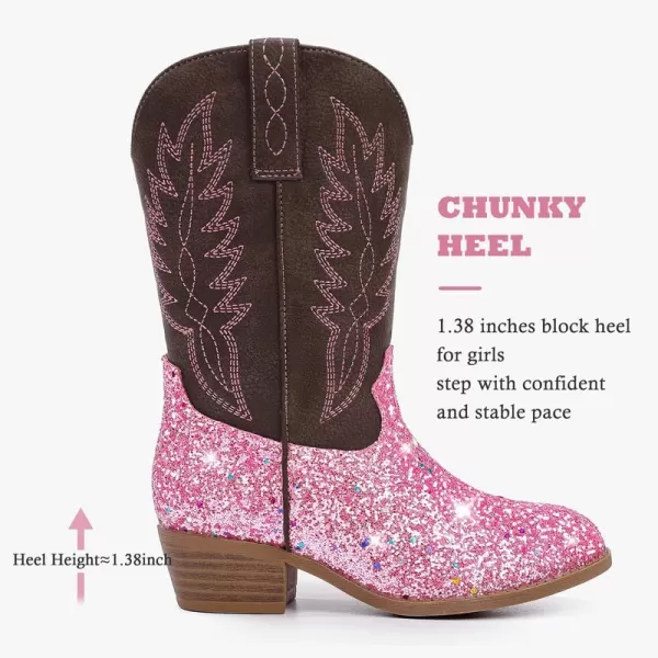 Cowgirl Boots for Little Girls Mid Calf Pointed Toe Kid Cowboy Boots Side Zipper Classic Embroidered Western Boots Horse Riding Shoes Party for Toddler Little Big KidsPink Sequins