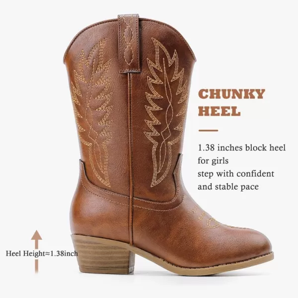 Cowgirl Boots for Little Girls Mid Calf Pointed Toe Kid Cowboy Boots Side Zipper Classic Embroidered Western Boots Horse Riding Shoes Party for Toddler Little Big KidsBrown Pu