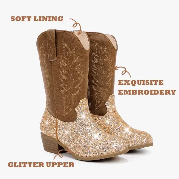 Cowgirl Boots for Little Girls Mid Calf Pointed Toe Kid Cowboy Boots Side Zipper Classic Embroidered Western Boots Horse Riding Shoes Party for Toddler Little Big KidsGold Sequins