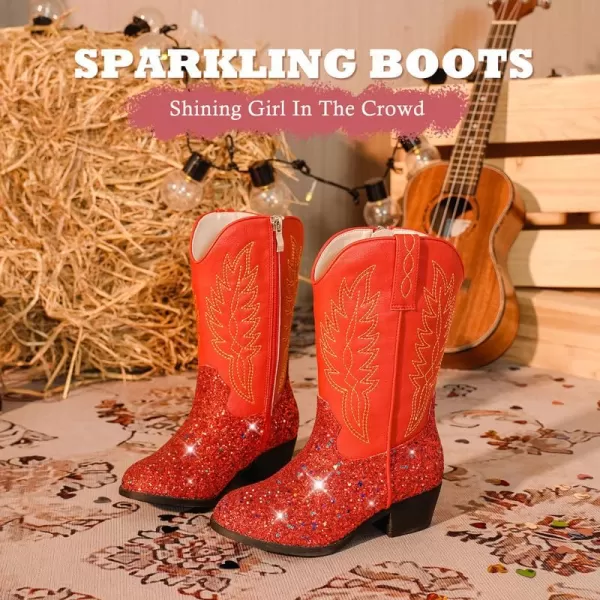 Cowgirl Boots for Little Girls Mid Calf Pointed Toe Kid Cowboy Boots Side Zipper Classic Embroidered Western Boots Horse Riding Shoes Party for Toddler Little Big KidsRed Sequins
