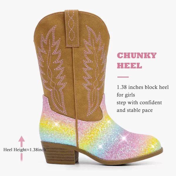 Cowgirl Boots for Little Girls Mid Calf Pointed Toe Kid Cowboy Boots Side Zipper Classic Embroidered Western Boots Horse Riding Shoes Party for Toddler Little Big KidsRainbow Sequins