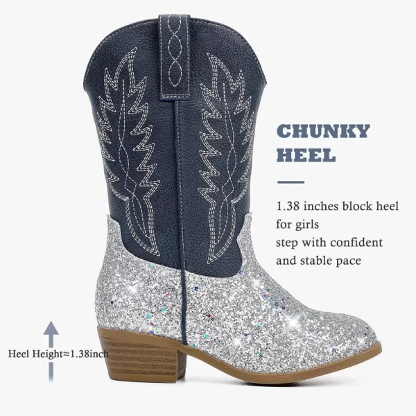 Cowgirl Boots for Little Girls Mid Calf Pointed Toe Kid Cowboy Boots Side Zipper Classic Embroidered Western Boots Horse Riding Shoes Party for Toddler Little Big KidsSilver Sequins