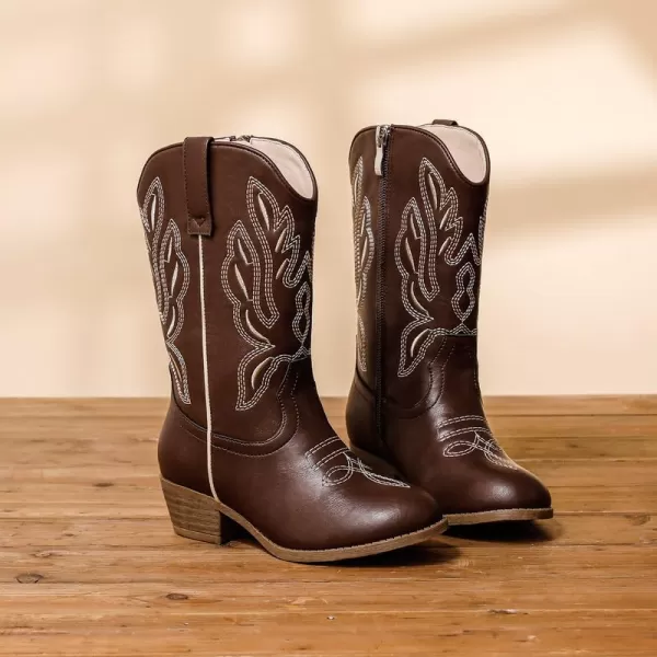 Cowgirl Boots for Little Girls Mid Calf Pointed Toe Kid Cowboy Boots Side Zipper Classic Embroidered Western Boots Horse Riding Shoes Party for Toddler Little Big KidsBrown