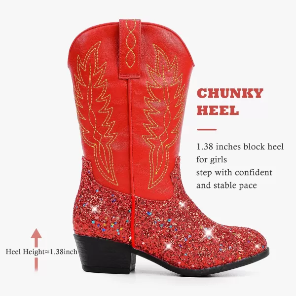 Cowgirl Boots for Little Girls Mid Calf Pointed Toe Kid Cowboy Boots Side Zipper Classic Embroidered Western Boots Horse Riding Shoes Party for Toddler Little Big KidsRed Sequins