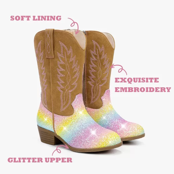 Cowgirl Boots for Little Girls Mid Calf Pointed Toe Kid Cowboy Boots Side Zipper Classic Embroidered Western Boots Horse Riding Shoes Party for Toddler Little Big KidsRainbow Sequins