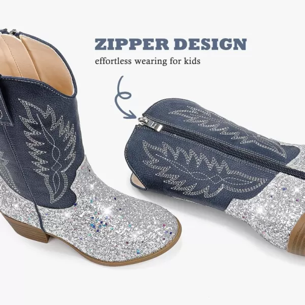 Cowgirl Boots for Little Girls Mid Calf Pointed Toe Kid Cowboy Boots Side Zipper Classic Embroidered Western Boots Horse Riding Shoes Party for Toddler Little Big KidsSilver Sequins