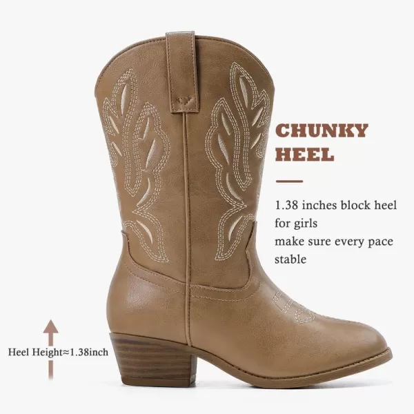 Cowgirl Boots for Little Girls Mid Calf Pointed Toe Kid Cowboy Boots Side Zipper Classic Embroidered Western Boots Horse Riding Shoes Party for Toddler Little Big KidsKhaki
