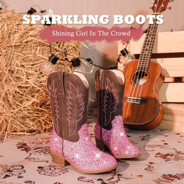 Cowgirl Boots for Little Girls Mid Calf Pointed Toe Kid Cowboy Boots Side Zipper Classic Embroidered Western Boots Horse Riding Shoes Party for Toddler Little Big KidsPink Sequins