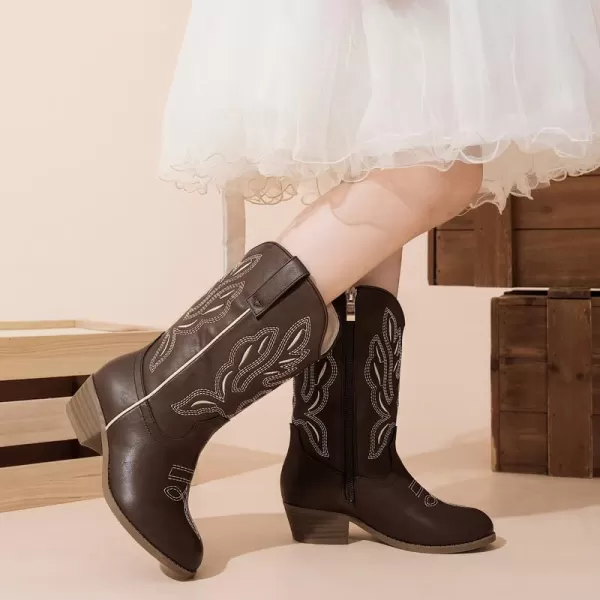 Cowgirl Boots for Little Girls Mid Calf Pointed Toe Kid Cowboy Boots Side Zipper Classic Embroidered Western Boots Horse Riding Shoes Party for Toddler Little Big KidsBrown