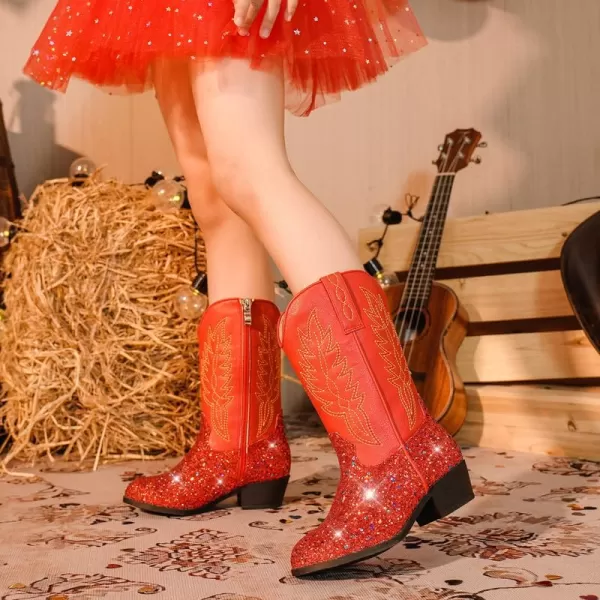 Cowgirl Boots for Little Girls Mid Calf Pointed Toe Kid Cowboy Boots Side Zipper Classic Embroidered Western Boots Horse Riding Shoes Party for Toddler Little Big KidsRed Sequins