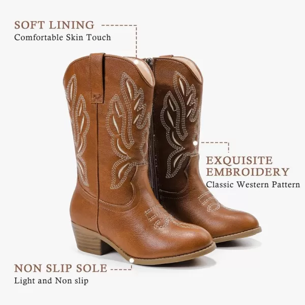 Cowgirl Boots for Little Girls Mid Calf Pointed Toe Kid Cowboy Boots Side Zipper Classic Embroidered Western Boots Horse Riding Shoes Party for Toddler Little Big KidsReddish Brown