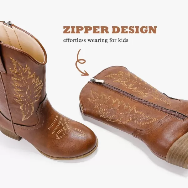 Cowgirl Boots for Little Girls Mid Calf Pointed Toe Kid Cowboy Boots Side Zipper Classic Embroidered Western Boots Horse Riding Shoes Party for Toddler Little Big KidsBrown Pu