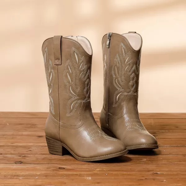 Cowgirl Boots for Little Girls Mid Calf Pointed Toe Kid Cowboy Boots Side Zipper Classic Embroidered Western Boots Horse Riding Shoes Party for Toddler Little Big KidsKhaki