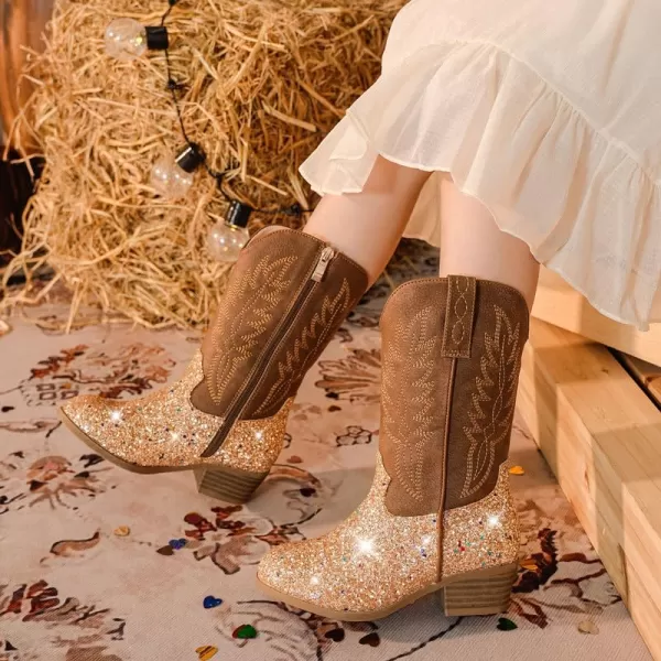 Cowgirl Boots for Little Girls Mid Calf Pointed Toe Kid Cowboy Boots Side Zipper Classic Embroidered Western Boots Horse Riding Shoes Party for Toddler Little Big KidsGold Sequins