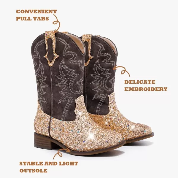 Girls Cowgirl Boots Gold Square Toe Mid Calf Cowboy Boots Sparkly Girls Western Boots Horse Riding Shoes Christmas Birthday Party for Toddler Little Big KidsL1023Gold 3