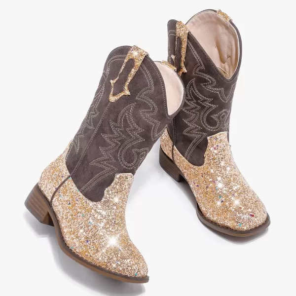 Girls Cowgirl Boots Gold Square Toe Mid Calf Cowboy Boots Sparkly Girls Western Boots Horse Riding Shoes Christmas Birthday Party for Toddler Little Big KidsL1023Gold 3