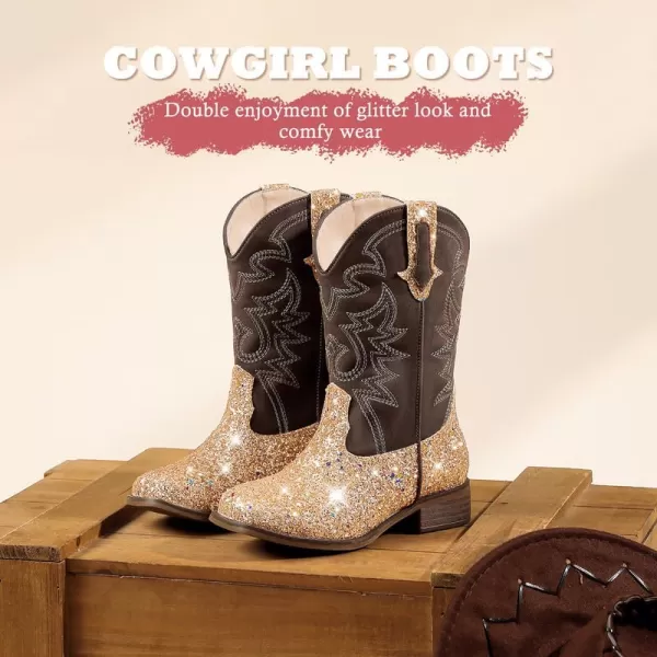 Girls Cowgirl Boots Gold Square Toe Mid Calf Cowboy Boots Sparkly Girls Western Boots Horse Riding Shoes Christmas Birthday Party for Toddler Little Big KidsL1023Gold 3