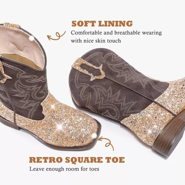 Girls Cowgirl Boots Gold Square Toe Mid Calf Cowboy Boots Sparkly Girls Western Boots Horse Riding Shoes Christmas Birthday Party for Toddler Little Big KidsL1023Gold 3