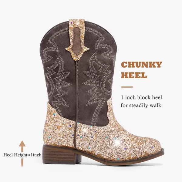 Girls Cowgirl Boots Gold Square Toe Mid Calf Cowboy Boots Sparkly Girls Western Boots Horse Riding Shoes Christmas Birthday Party for Toddler Little Big KidsL1023Gold 3
