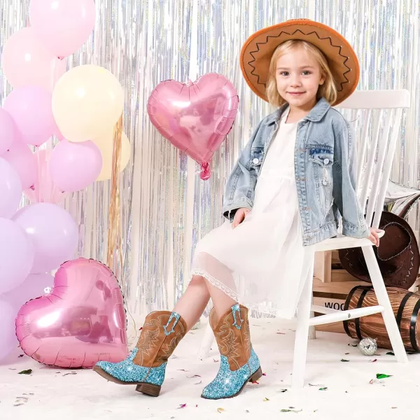 Girls Cowgirl Boots Mid Calf Square Toe Western Boot for Kids Glitter Cowboy Boot in Party for Toddler Little Big Girls Riding ShoesBlue Sequins