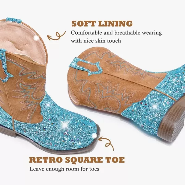 Girls Cowgirl Boots Mid Calf Square Toe Western Boot for Kids Glitter Cowboy Boot in Party for Toddler Little Big Girls Riding ShoesBlue Sequins
