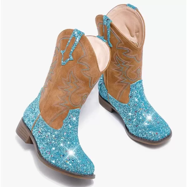 Girls Cowgirl Boots Mid Calf Square Toe Western Boot for Kids Glitter Cowboy Boot in Party for Toddler Little Big Girls Riding ShoesBlue Sequins