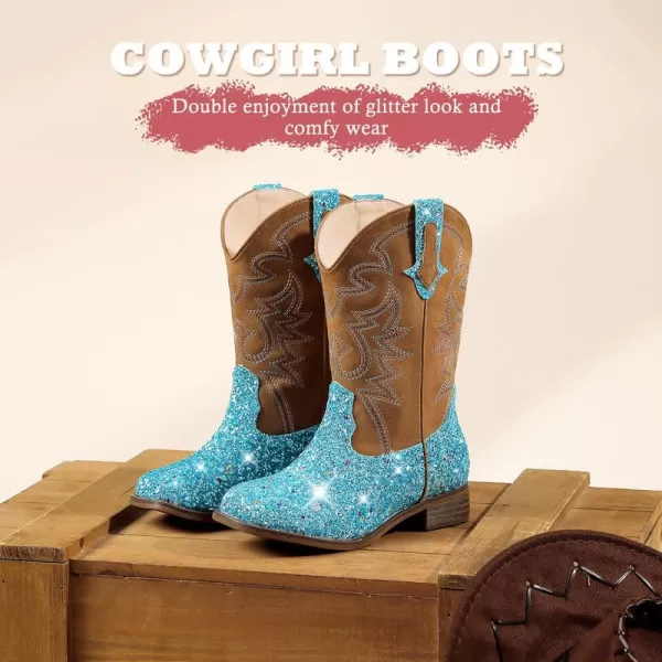 Girls Cowgirl Boots Mid Calf Square Toe Western Boot for Kids Glitter Cowboy Boot in Party for Toddler Little Big Girls Riding ShoesBlue Sequins