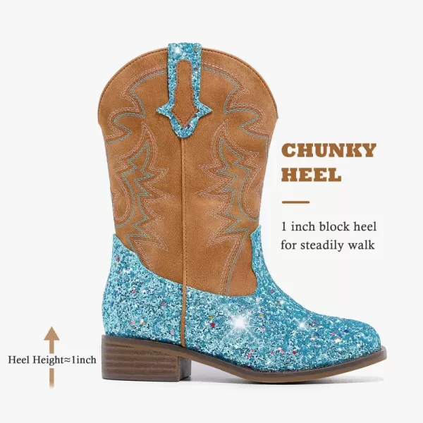 Girls Cowgirl Boots Mid Calf Square Toe Western Boot for Kids Glitter Cowboy Boot in Party for Toddler Little Big Girls Riding ShoesBlue Sequins