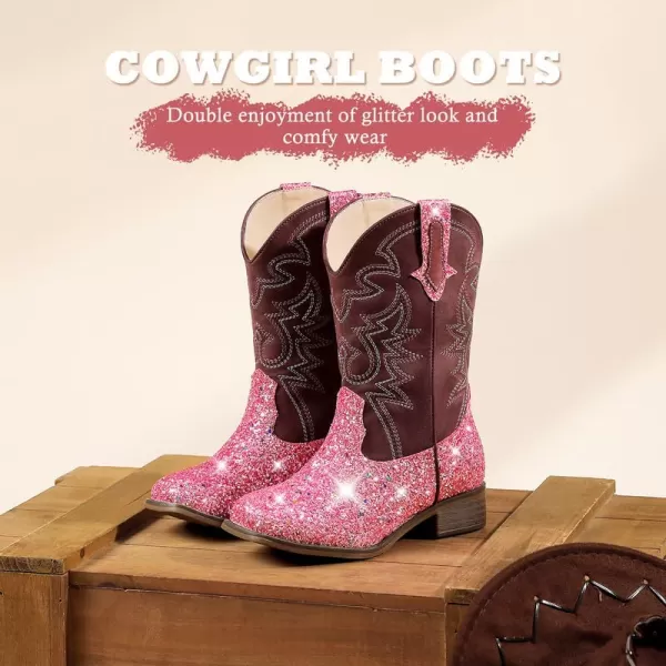 Girls Cowgirl Boots Mid Calf Square Toe Western Boot for Kids Glitter Cowboy Boot in Party for Toddler Little Big Girls Riding ShoesPink Sequin