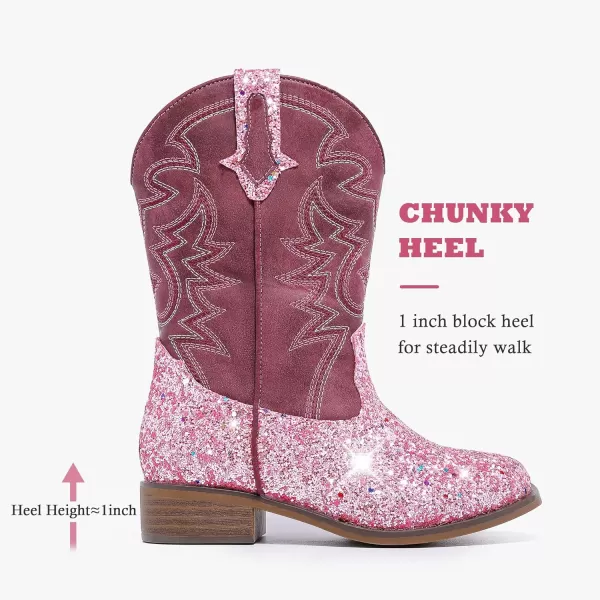 Girls Cowgirl Boots Mid Calf Square Toe Western Boot for Kids Glitter Cowboy Boot in Party for Toddler Little Big Girls Riding ShoesPink Sequin