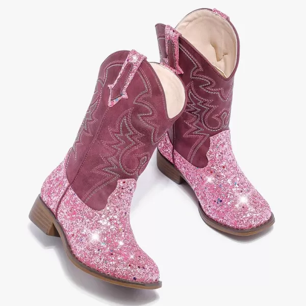 Girls Cowgirl Boots Mid Calf Square Toe Western Boot for Kids Glitter Cowboy Boot in Party for Toddler Little Big Girls Riding ShoesPink Sequin