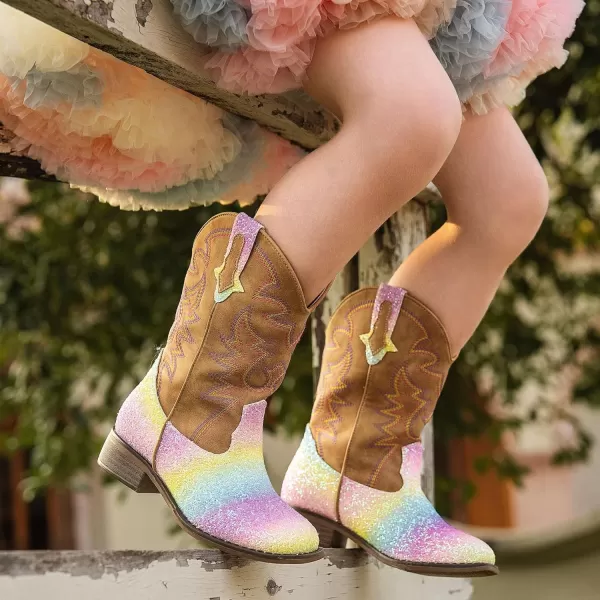 Girls Cowgirl Boots Mid Calf Square Toe Western Boot for Kids Glitter Cowboy Boot in Party for Toddler Little Big Girls Riding ShoesRainbow Sequins