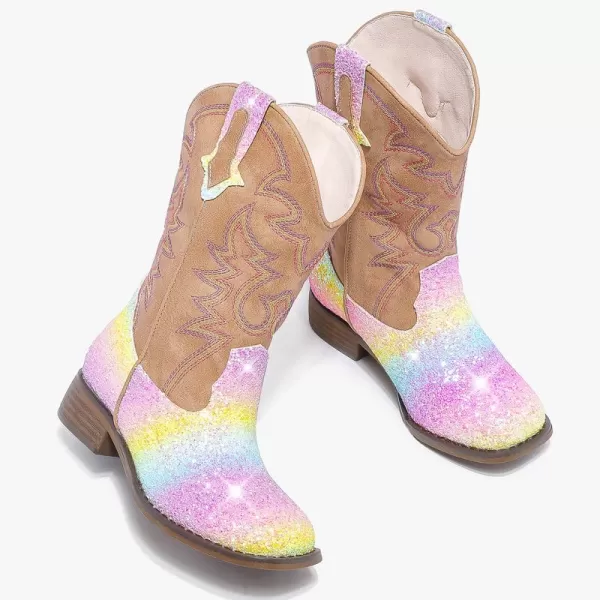 Girls Cowgirl Boots Mid Calf Square Toe Western Boot for Kids Glitter Cowboy Boot in Party for Toddler Little Big Girls Riding ShoesRainbow Sequins