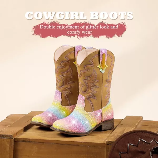 Girls Cowgirl Boots Mid Calf Square Toe Western Boot for Kids Glitter Cowboy Boot in Party for Toddler Little Big Girls Riding ShoesRainbow Sequins