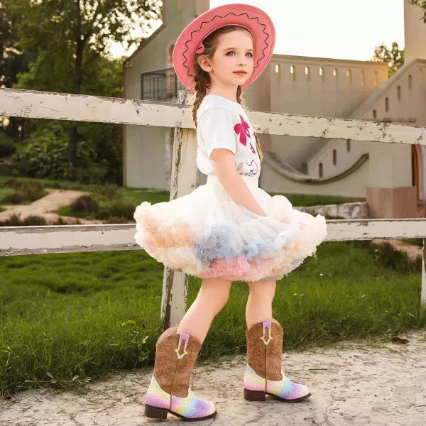 Girls Cowgirl Boots Mid Calf Square Toe Western Boot for Kids Glitter Cowboy Boot in Party for Toddler Little Big Girls Riding ShoesRainbow Sequins