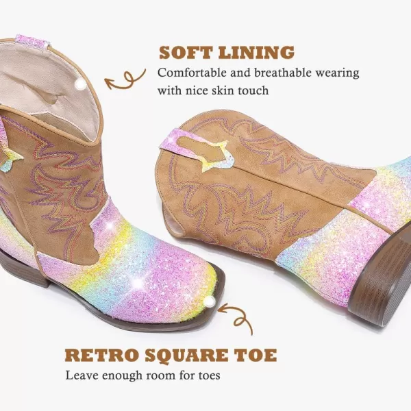 Girls Cowgirl Boots Mid Calf Square Toe Western Boot for Kids Glitter Cowboy Boot in Party for Toddler Little Big Girls Riding ShoesRainbow Sequins