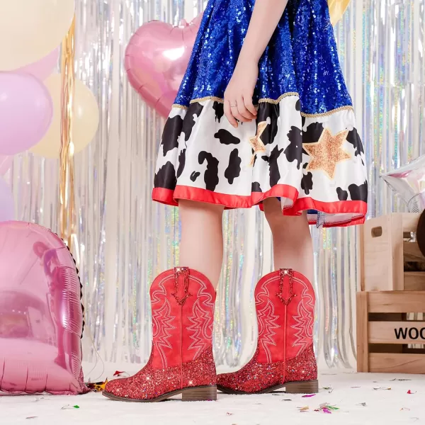 Girls Cowgirl Boots Mid Calf Square Toe Western Boot for Kids Glitter Cowboy Boot in Party for Toddler Little Big Girls Riding ShoesRed Sequins